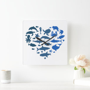 Horloge Carrée Animaux de mer du coeur