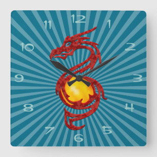Horloge Carrée Année chinoise du rouge métallique de dragon