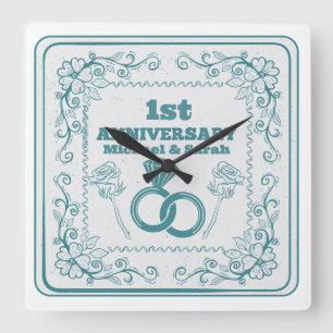 Horloge Carrée Anniversaire de mariage floral personnalisable ann