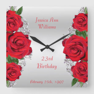 Horloge Carrée Anniversaire des Roses Rouges Romantiques