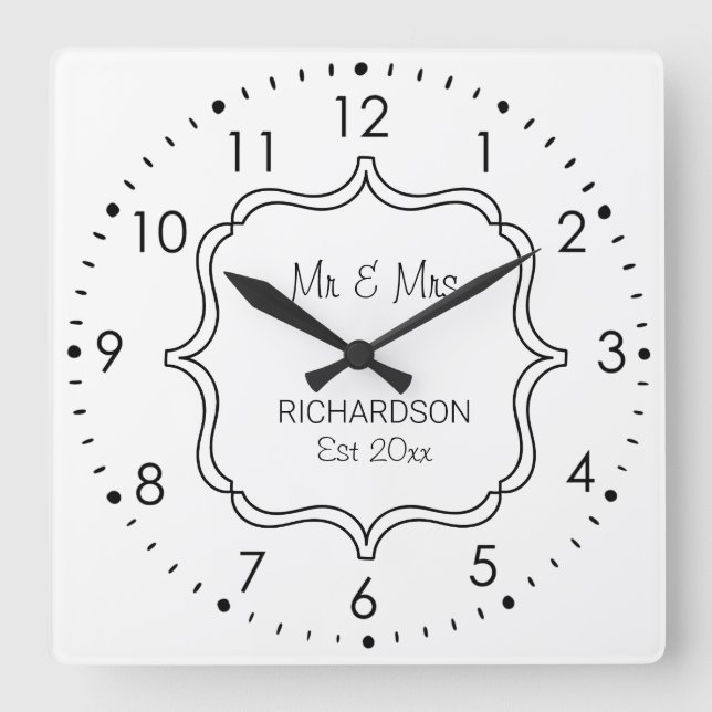 Horloge Carrée Anniversaire du Mariage noir et blanc (Recto)