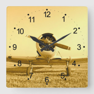 Horloge Carrée Antique Airplane Golden Yellow Propeller Square Wa
