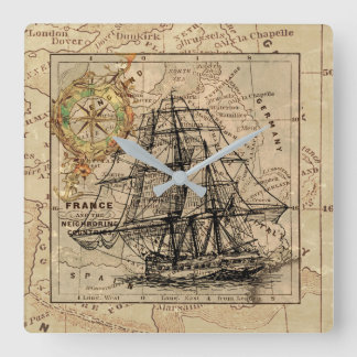 Horloge Carrée Antique Europe Carte Navire Voile Marine Nautique