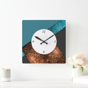 Horloge Carrée Aqua bleu bronze scintille design avec des chiffre