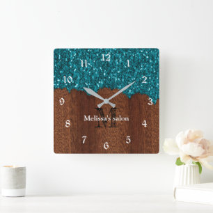 Horloge Carrée Aqua bleu étincelle bois rustique Salon Monogramme
