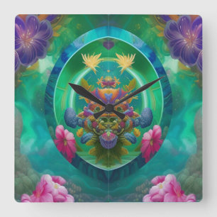 Horloge Carrée Aqua Floral Jardin sous-marin Abstrait