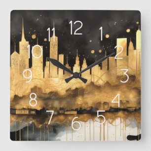 Horloge Carrée Aquarelle Abstraite Peinture Gold Cityscape