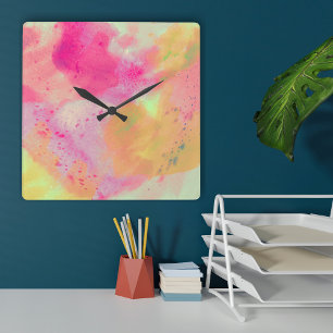 Horloge Carrée Aquarelle Abstraite rose jaune violet