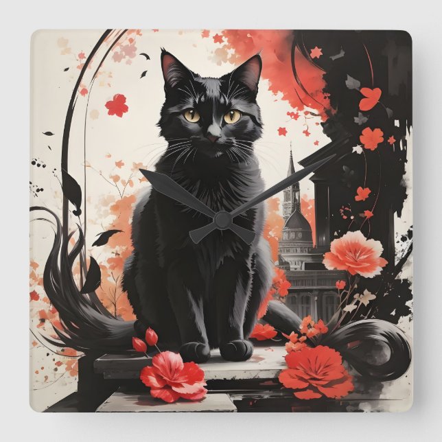 Horloge Carrée Aquarelle Black Chat Splatter Art Fleurs rouges (Recto)