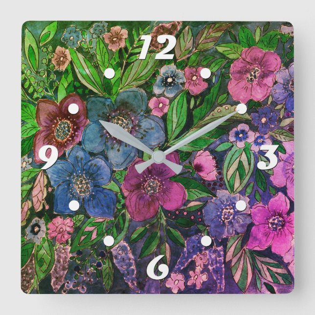 Horloge Carrée aquarelle, bleu et violet, aquarelle d'anémones (Recto)