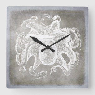 Horloge Carrée Aquarelle côtière pieuvre argentée eau Neutre