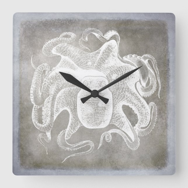 Horloge Carrée Aquarelle côtière pieuvre argentée eau Neutre (Recto)