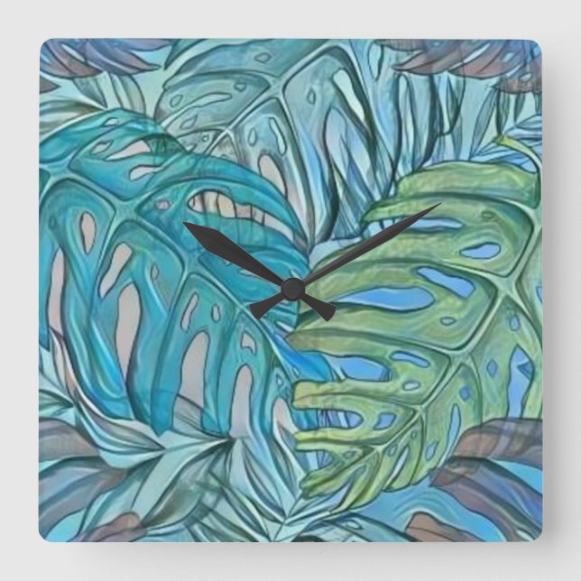 Horloge Carrée Aquarelle couleur bleu vert tropical feuille (Recto)
