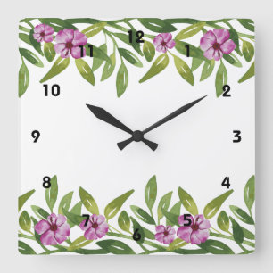 Horloge Carrée Aquarelle de jardin avec verdure et fleurs violett