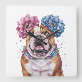 Horloge Carrée Aquarelle de la couronne de fleurs Buldog Imprimer