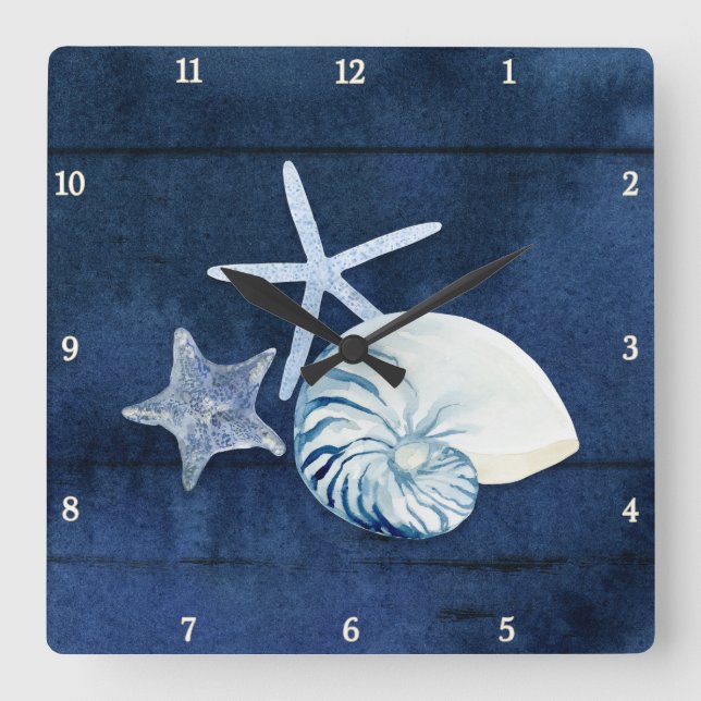 Horloge Carrée Aquarelle de la mer de Starfish Nautilus Coques Pl (Recto)