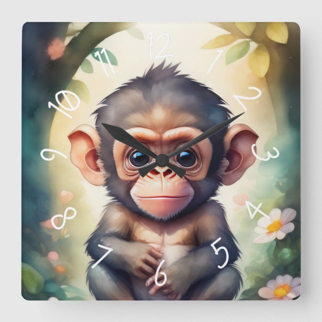 Horloge Carrée Aquarelle de la nurserie du bébé chimpanzé (Recto)