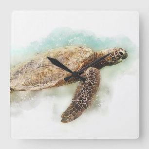 Horloge Carrée Aquarelle de la tortue marine hawaïenne
