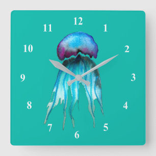 Horloge Carrée Aquarelle de méduse colorée moderne aquatique mode