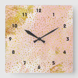 Horloge Carrée Aquarelle de pêche de corail et confetti de feuill