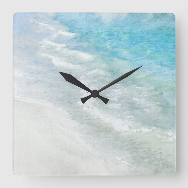 Horloge Carrée Aquarelle de plage de sable blanc - Turquoise Aqua (Recto)