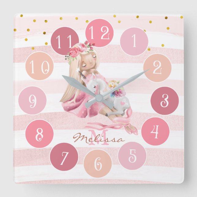 Horloge Carrée Aquarelle délicate Ballerina et monogramme de lico (Recto)