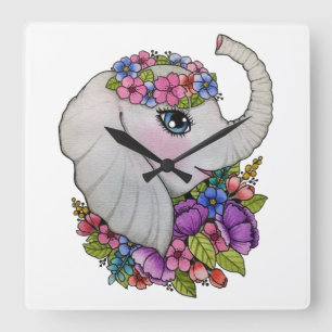 Horloge Carrée Aquarelle Eléphant Avec Fleurs Sauvages