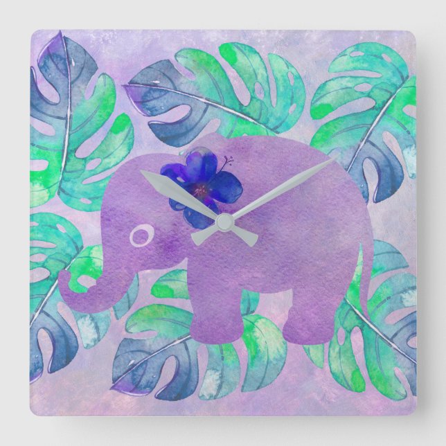 Horloge Carrée Aquarelle Elephant Jungle Tropical Monstera Feuill (Recto)