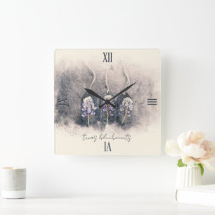 Horloge Carrée Aquarelle esquissée Bluebonnet Trio