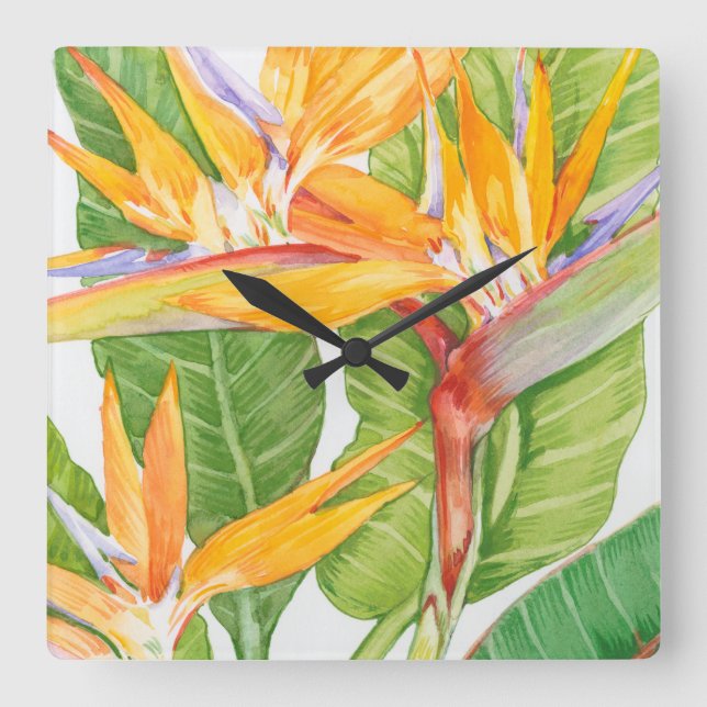 Horloge Carrée Aquarelle exotique de fleurs (Recto)