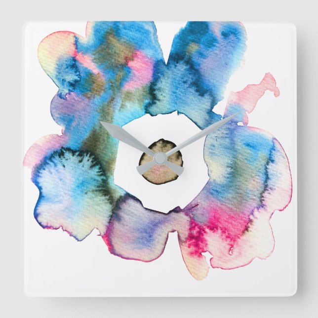 Horloge Carrée Aquarelle florale dessinée main art abstrait (Recto)