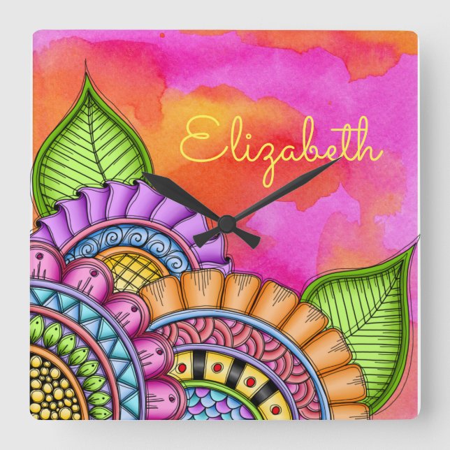 Horloge Carrée Aquarelle florale moderne couleur Whimsical (Recto)