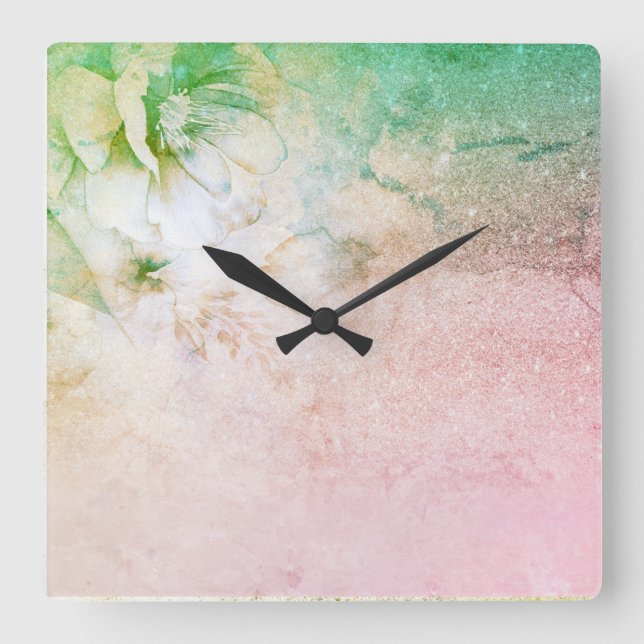 Horloge Carrée *~* Aquarelle Florale Pêche rose Parties scintilla (Recto)
