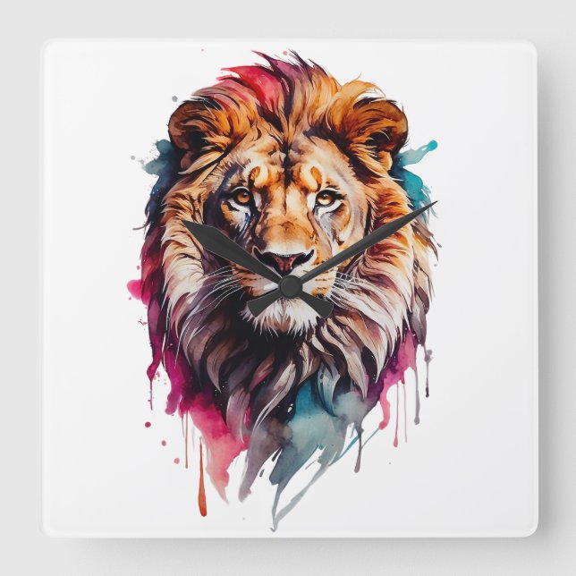 Horloge Carrée Aquarelle Homme Lion Chat Splatter Art Portrait (Recto)