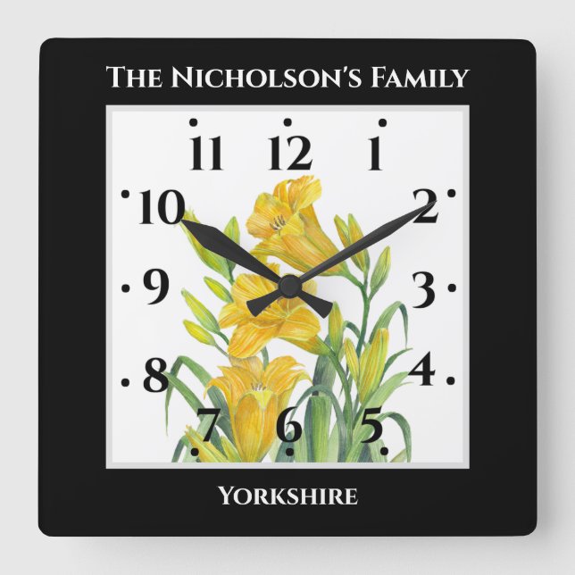 Horloge Carrée Aquarelle Jaune Lys Floral Illustration (Recto)