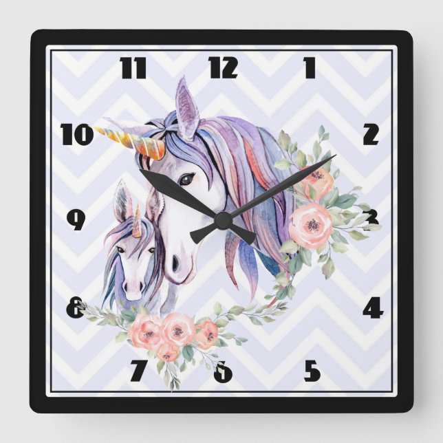 Horloge Carrée Aquarelle magique Unicorn Mom & Baby (Recto)