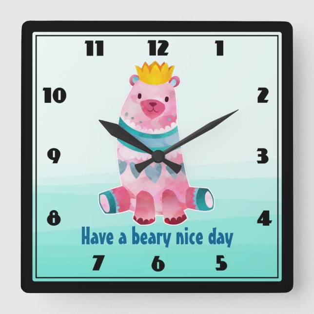 Horloge Carrée Aquarelle mignonne Ours Avoir une bére Nice Jour (Recto)