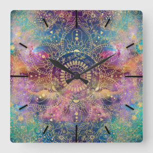 Horloge Carrée Aquarelle or et nébuleuse mandala