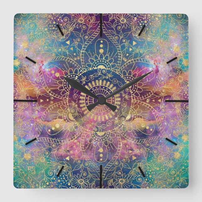 Horloge Carrée Aquarelle or et nébuleuse mandala (Recto)
