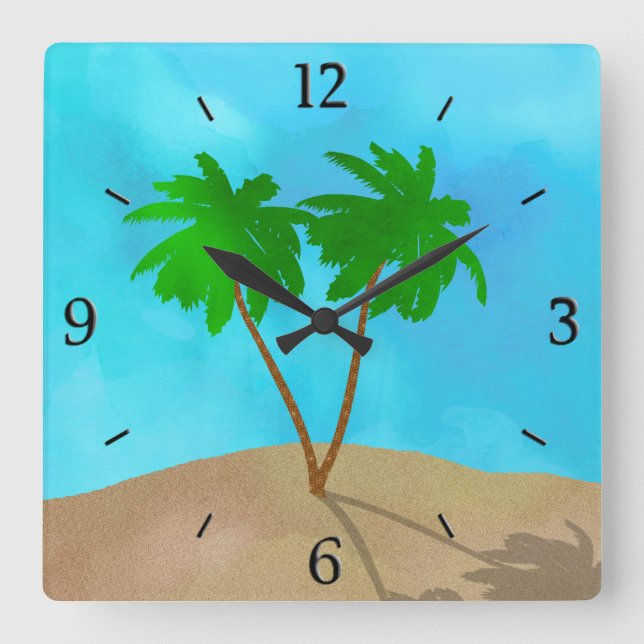 Horloge Carrée Aquarelle Palm Tree Beach Scene Collage (Recto)