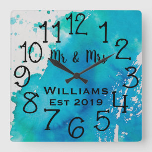 Horloge Carrée Aquarelle personnalisée bleue et blanche sur mesur