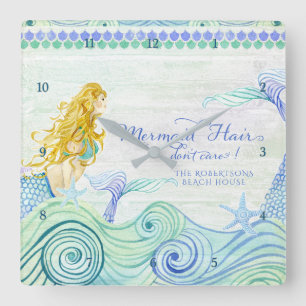 Horloge Carrée Aquarelle personnalisée de Mermaid Hair Beach Hou