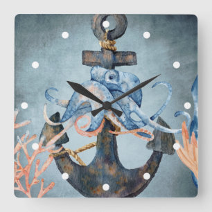 Horloge Carrée Aquarelle Pieuvre et Ancre Sea Life Beach