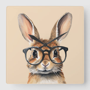 Horloge Carrée Aquarelle Portrait Joli Lapin Avec Verres