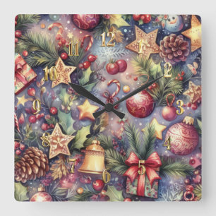 Horloge Carrée Aquarelle Purple Motifs de Noël