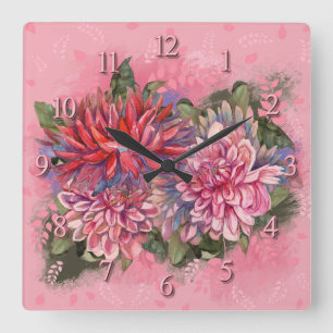 Horloge Carrée Aquarelle rose des fleurs de Dahlias