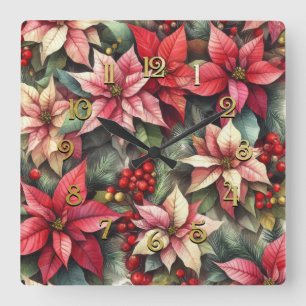 Horloge Carrée Aquarelle rose et rouge Poinsettia