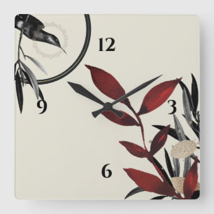 Horloge Carrée Aquarelle rouge beige et bordeaux moderne Botaniqu