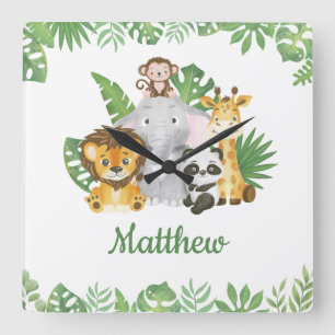 Horloge Carrée Aquarelle Safari Jungle Animaux tropicaux Végétati