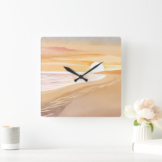 Horloge Carrée Aquarelle Sunset Beach | Beau Jaune (Maison)